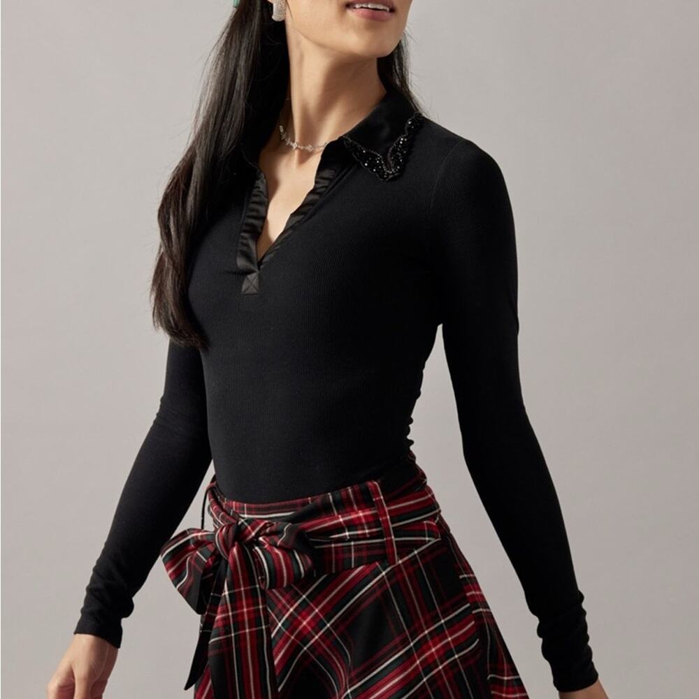 Francesca's Black Beaded Embellished Collar Bodysuit Long Sleeve Collared Ribbed